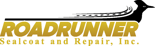 Logo for Roadrunner Sealcoat and Repair, Inc. featuring a stylized black and gold roadrunner above bold gold text.