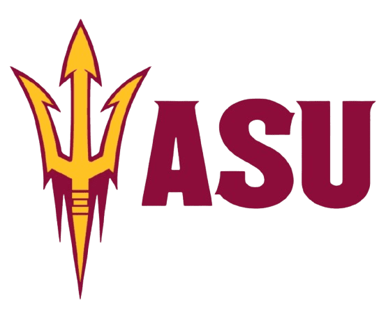 ASU logo featuring a yellow and maroon trident next to the bold maroon letters "ASU" on a light background.