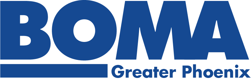 Logo for BOMA Greater Phoenix, featuring large blue "BOMA" text above a blue line and smaller text reading "Greater Phoenix" underneath.